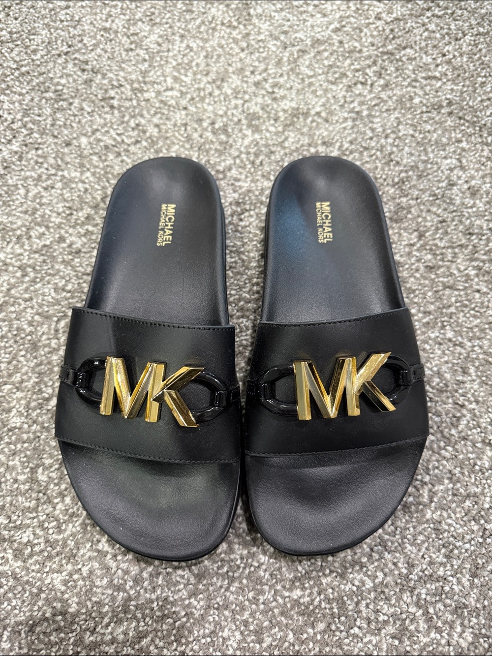 Michael Kors Black Leather Slides with Gold MK Emblem
